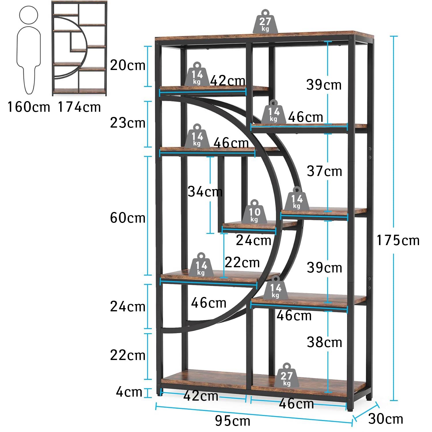 Libreria, Scaffale a Scala, Scaffale Portaoggetti con 9 Ripiani Aperti, Libreria Indipendente, Marrone e Nero, Tribesigns, 8