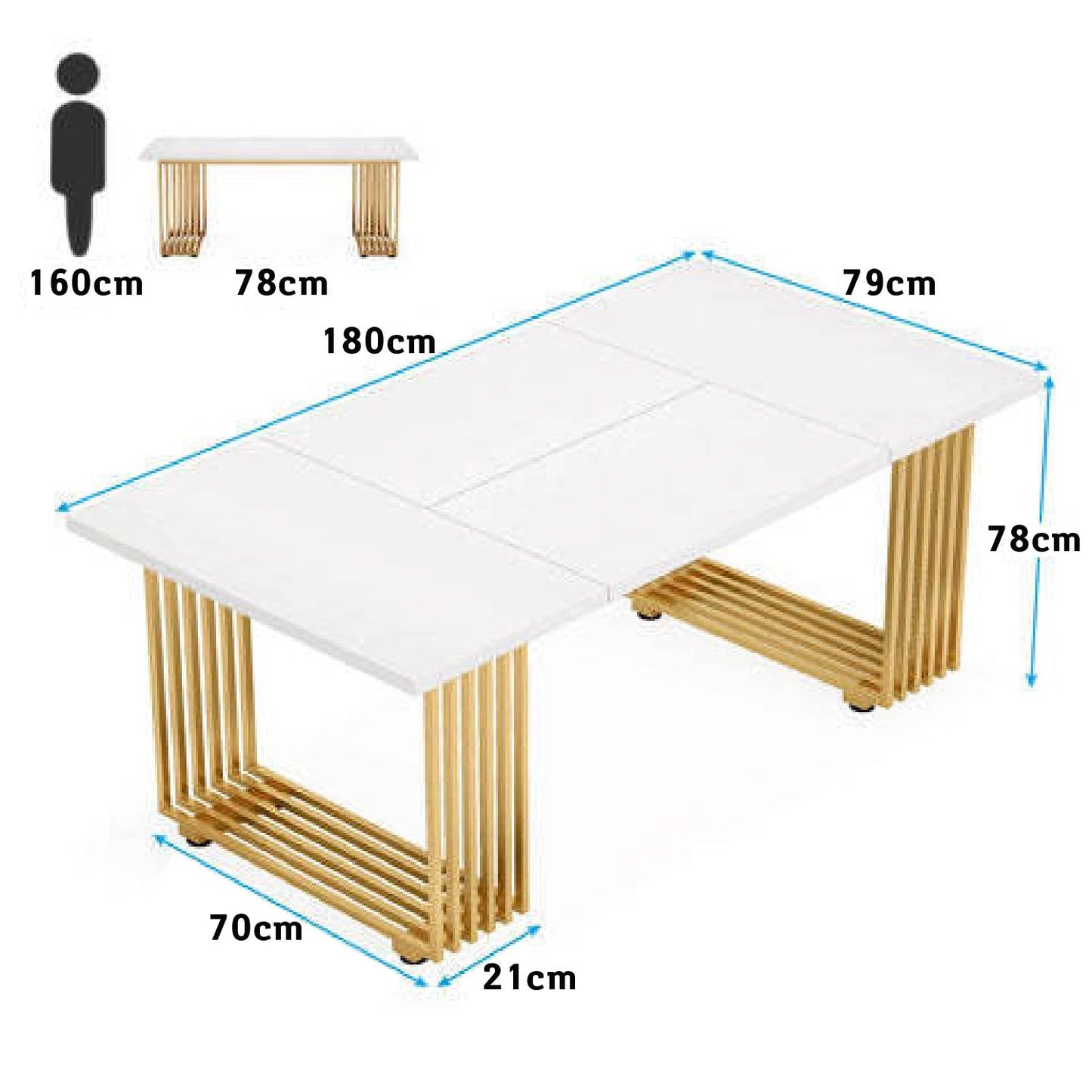 Scrivania, 180 x 79 x 78 cm, Scrivania PC, con gambe dorate, Tavolo Riunioni, Bianco e Oro, Tribesigns