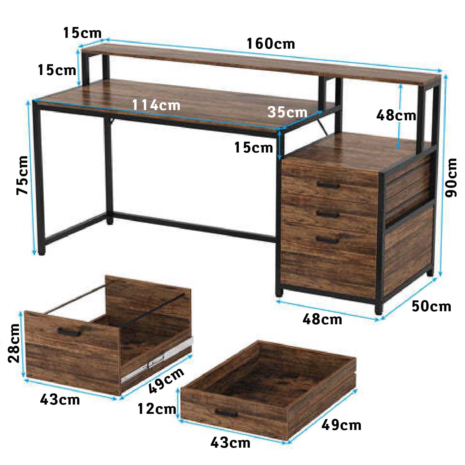 Scrivania con Cassetti, 160x50x90 cm, Scrivania Ufficio, per Ufficio Domestico, Tribesigns