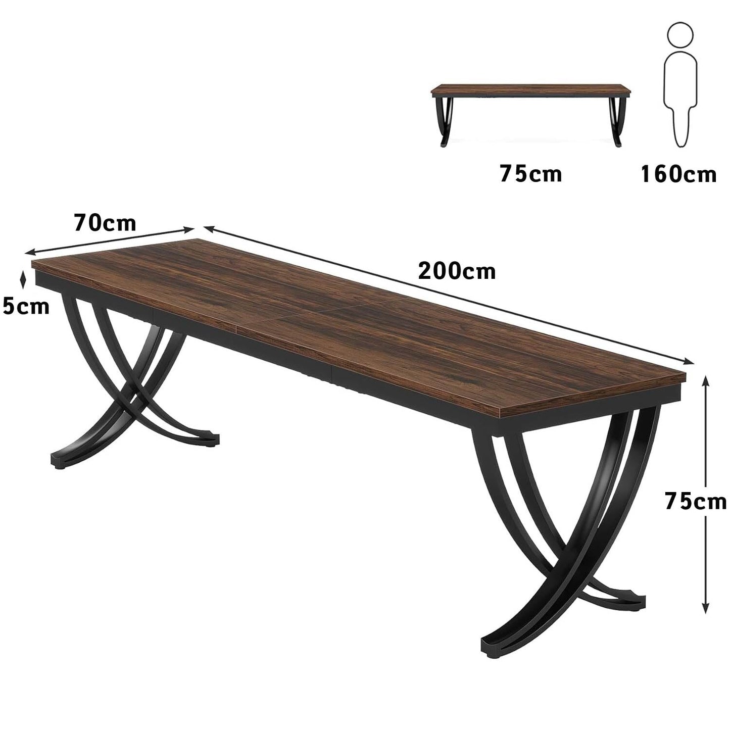 Scrivania, Scrivania Doppia, 200 x 70 x 75 cm, Tavolo Riunioni per 6–8 persone, Scrivania Ufficio, Marrone, Tribesigns