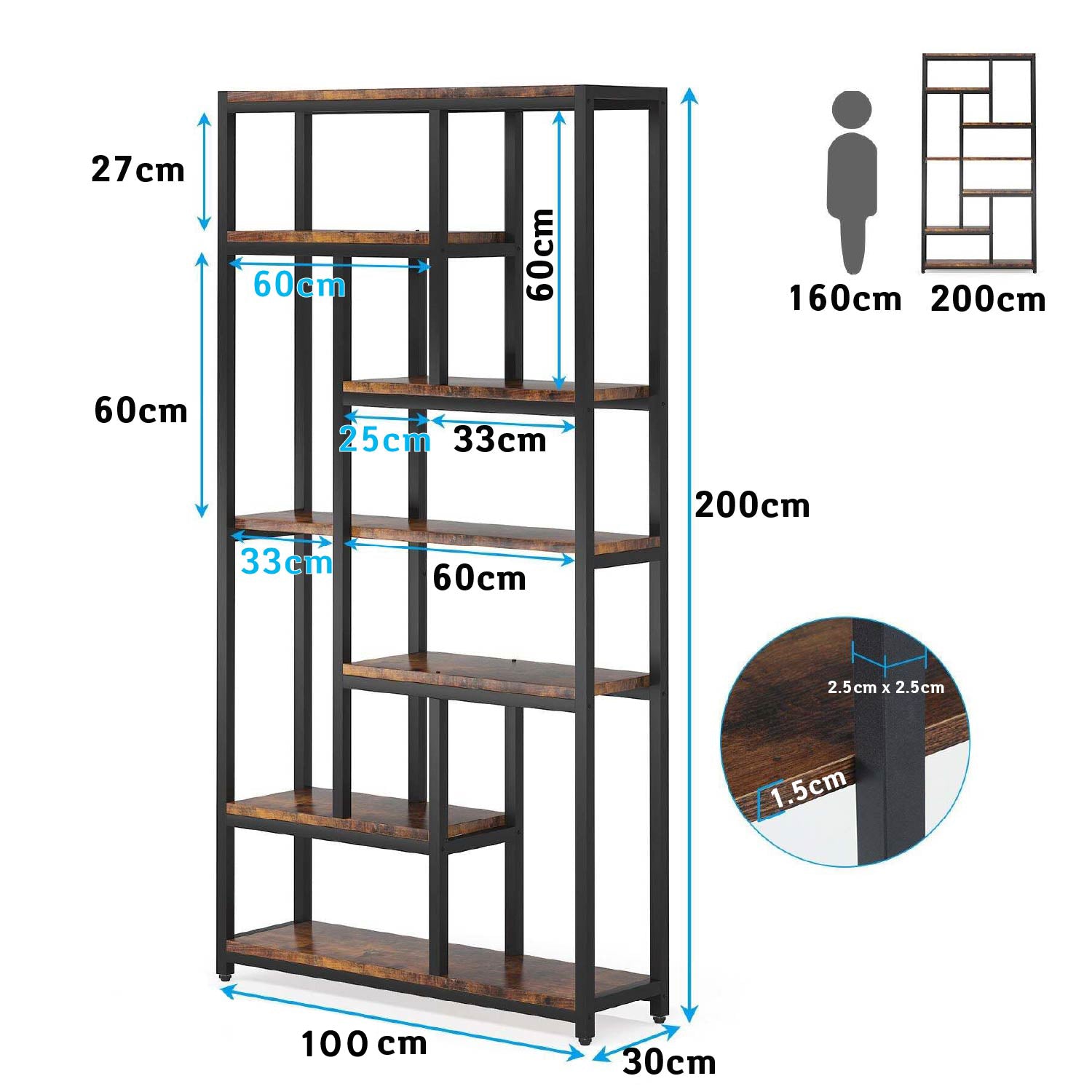 Libreria, 7 ripiani, Librerie Moderne, 100 × 30 × 200 cm, Libreria Verticale, con Struttura in Acciaio, Marrone, Tribesigns