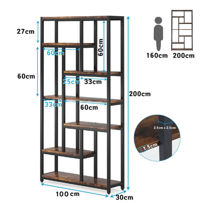 Libreria, 7 ripiani, Librerie Moderne, 100 × 30 × 200 cm, Libreria Verticale, con Struttura in Acciaio, Marrone, Tribesigns