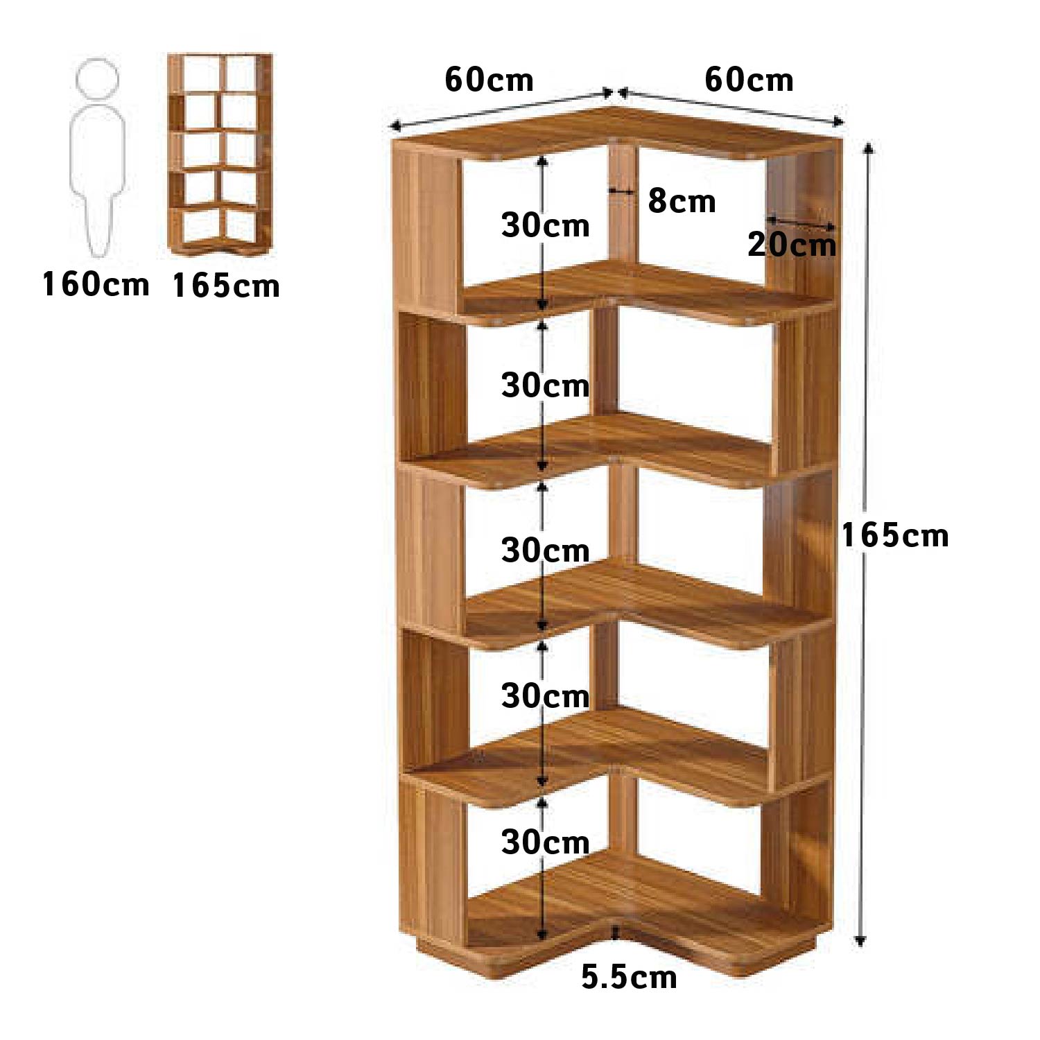 Libreria Angolare, 6 ripiani, Scaffale Angolare, 60 × 60 × 165 cm, Libreria Verticale, per Ufficio Domestico, Tribesigns