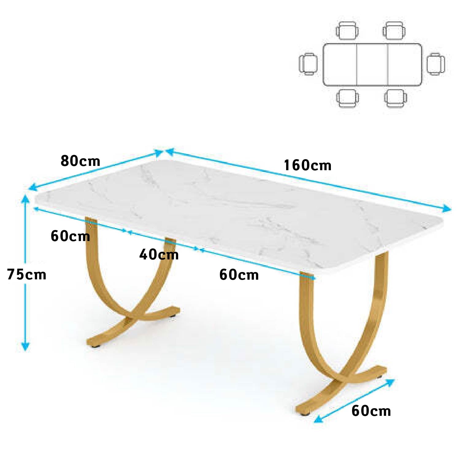Scrivania, 160x80x75 cm, Scrivania Ufficio, con piano in finto marmo e gambe in metallo, Bianco e Oro, Tribesigns