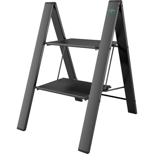  Scala a pioli, Scaletta 2 gradini, Scaletta Pieghevole, Scaletta alluminio, fino a 150 kg antiscivolo, Nero, Colombo Leonardo 2 , 1