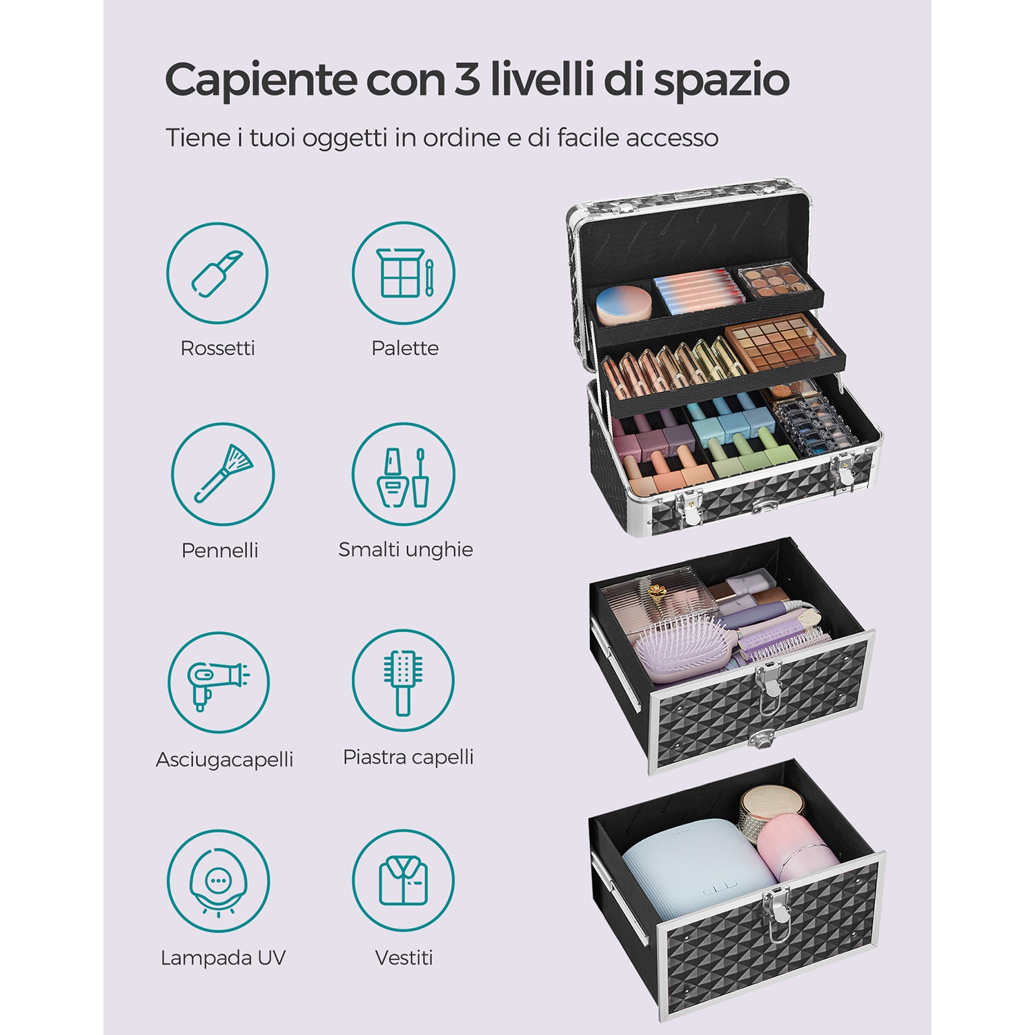 Valigetta trucchi, Trolley per cosmetici, Valigia Porta Trucchi, Trolley Make Up, Beauty Case da Viaggio, Songmics, 3