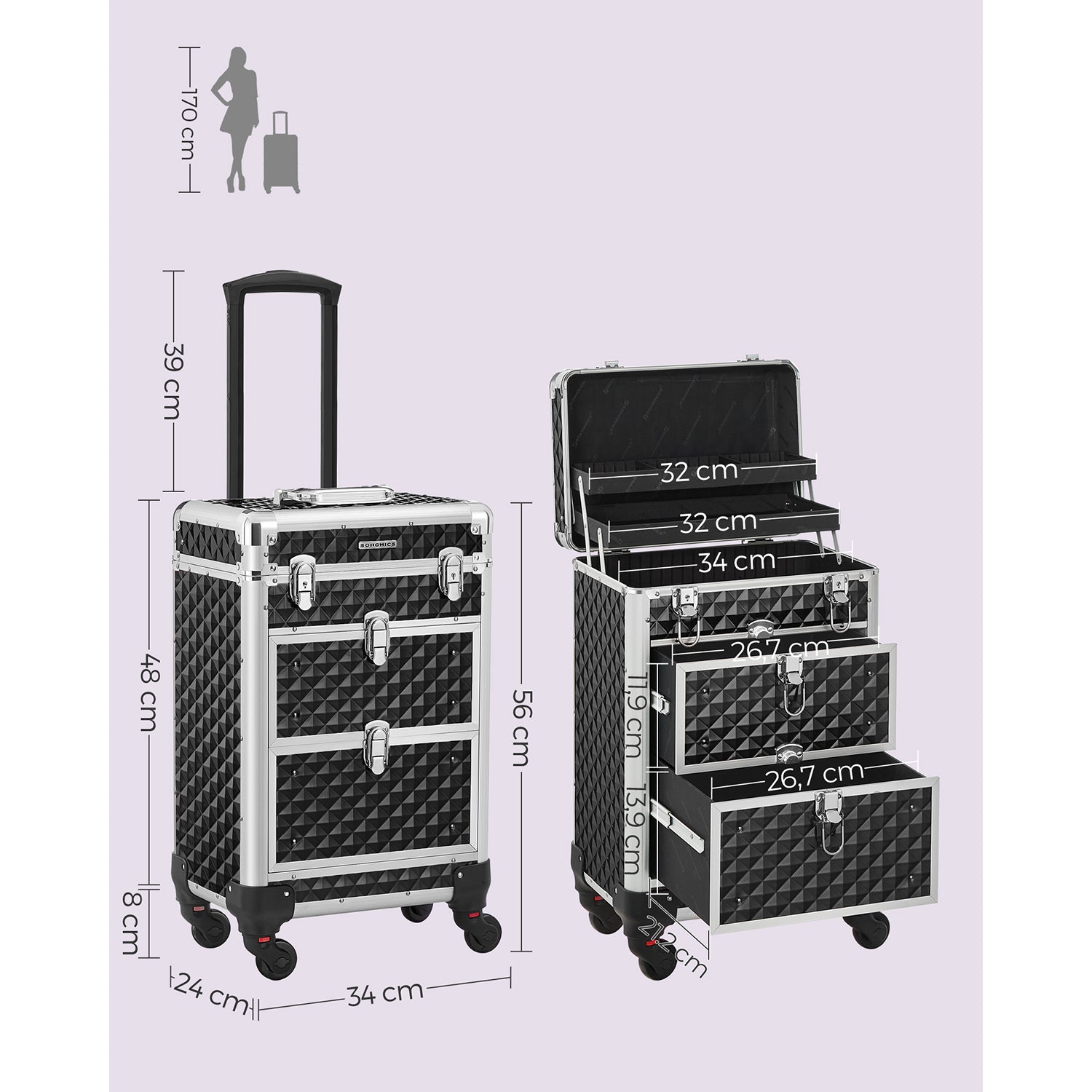 Valigetta trucchi, Trolley per cosmetici, Valigia Porta Trucchi, Trolley Make Up, Beauty Case da Viaggio, Songmics, 5