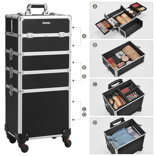 Valigetta trucchi, Valigia porta trucchi 4 in 1, Grande, Trolley Make Up, con Serratura, Nero, Songmics, 1