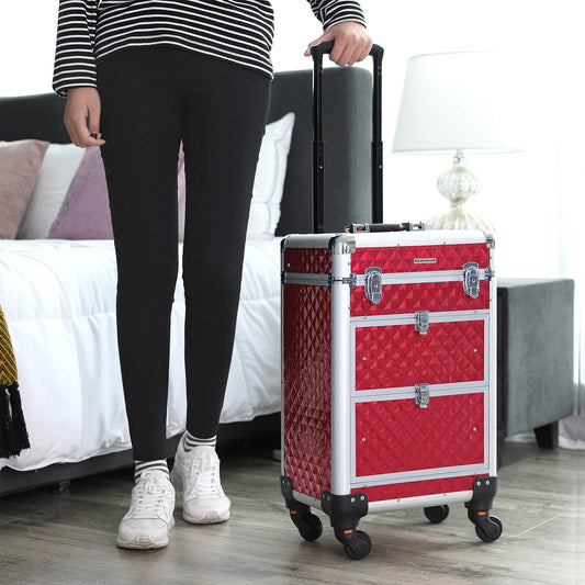 Valigia porta trucchi, Trolley Make Up, Beauty case da viaggio, Ruote girevoli a 360°, Rosso, Songmics