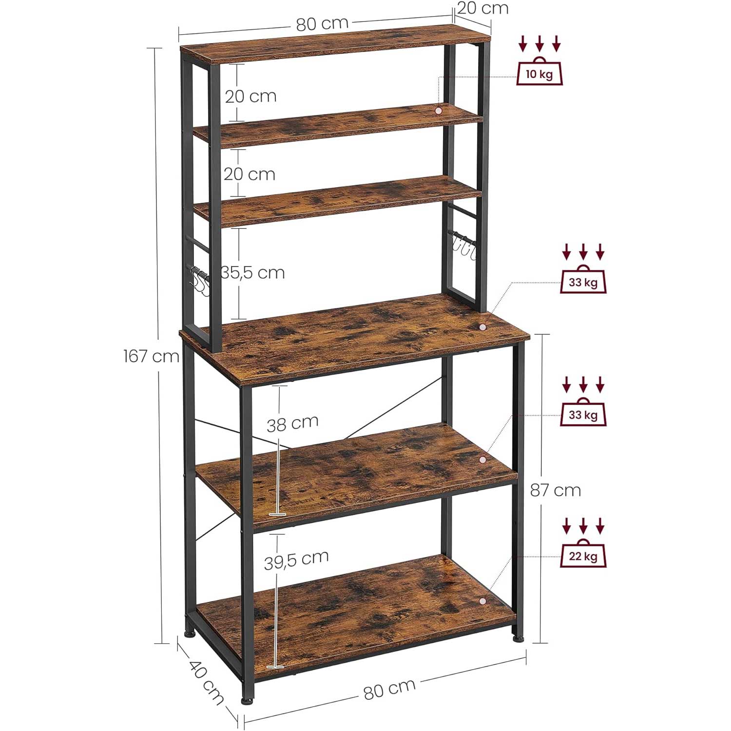 Scaffale da cucina, mobile porta microonde, scaffali cucina a vista. Scaffale cucina salvaspazio, 40x80x167 cm