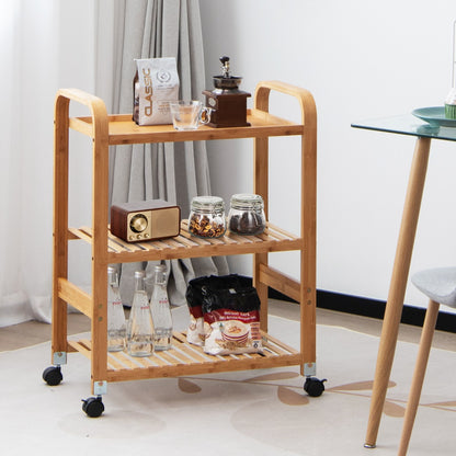 Carrello cucina, Carrello da cucina di bambù con 3 livelli e ruote, Scaffale multifunzionale, Naturale, Costway, 2
