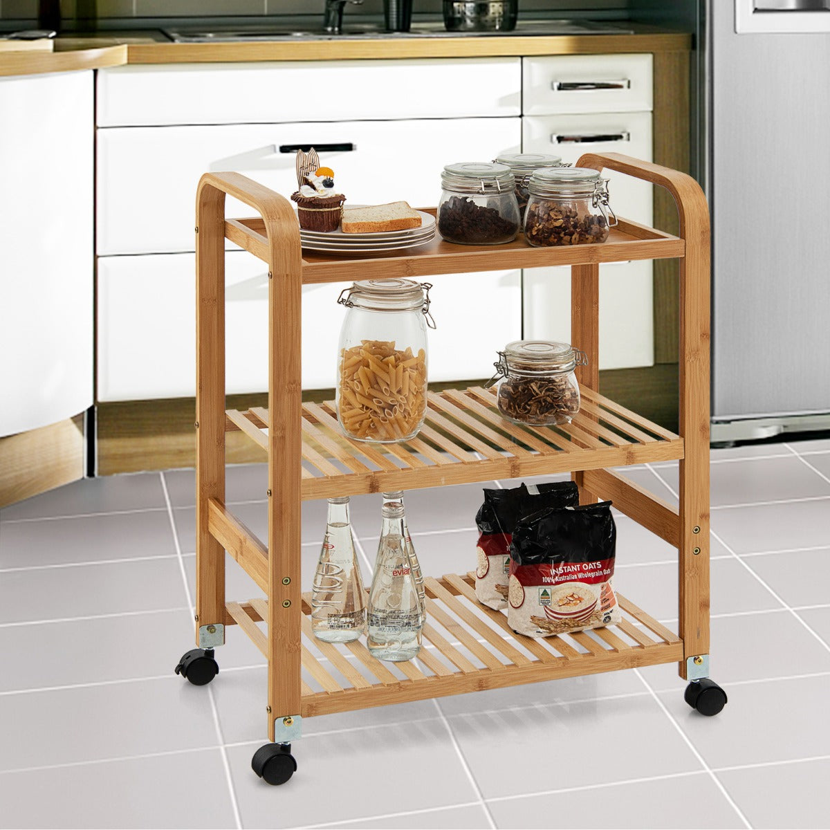Carrello cucina, Carrello da cucina di bambù con 3 livelli e ruote, Scaffale multifunzionale, Naturale, Costway, 3