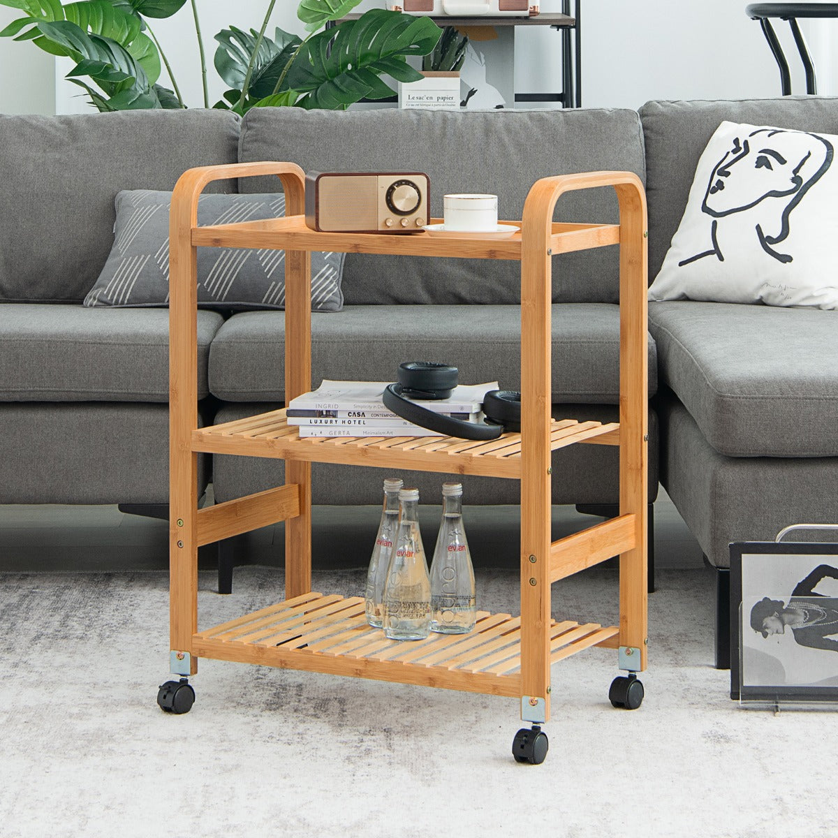 Carrello cucina, Carrello da cucina di bambù con 3 livelli e ruote, Scaffale multifunzionale, Naturale, Costway, 4