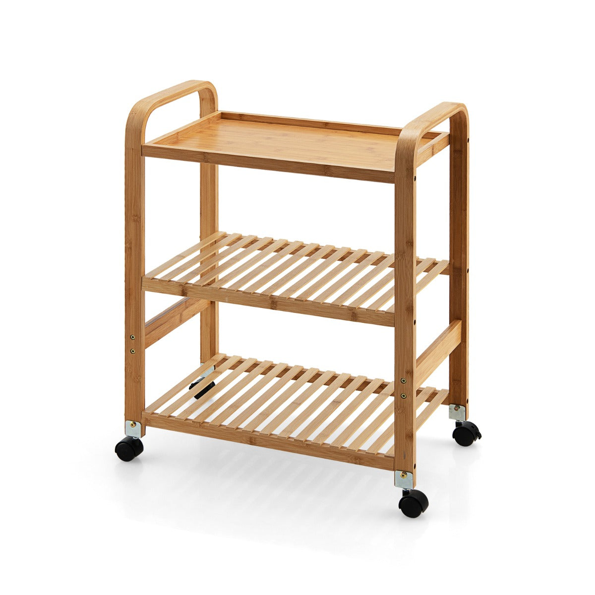 Carrello cucina, Carrello da cucina di bambù con 3 livelli e ruote, Scaffale multifunzionale, Naturale, Costway, 1