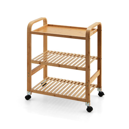 Carrello cucina, Carrello da cucina di bambù con 3 livelli e ruote, Scaffale multifunzionale, Naturale, Costway, 1
