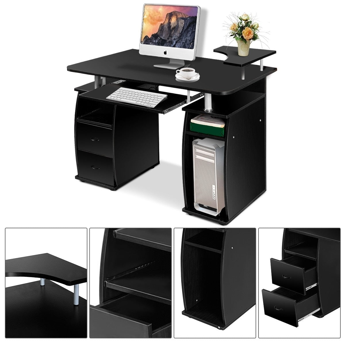 Scrivania Moderna, Scrivania per Ufficio, Tavolo Rettangolare con Ripiano per Monitor, Scrivania per Computer, Costway, 5