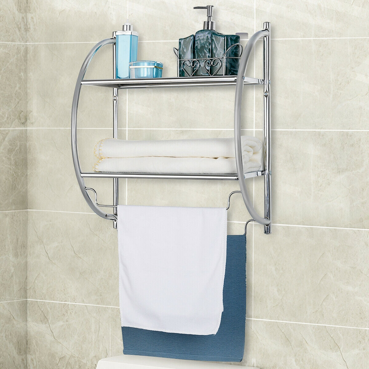 Mensola Bagno, 2 ripiani, Mensole doccia, Porta asciugamani bagno, da parete per bagno, Appendi asciugamani bagno, Costway, 2