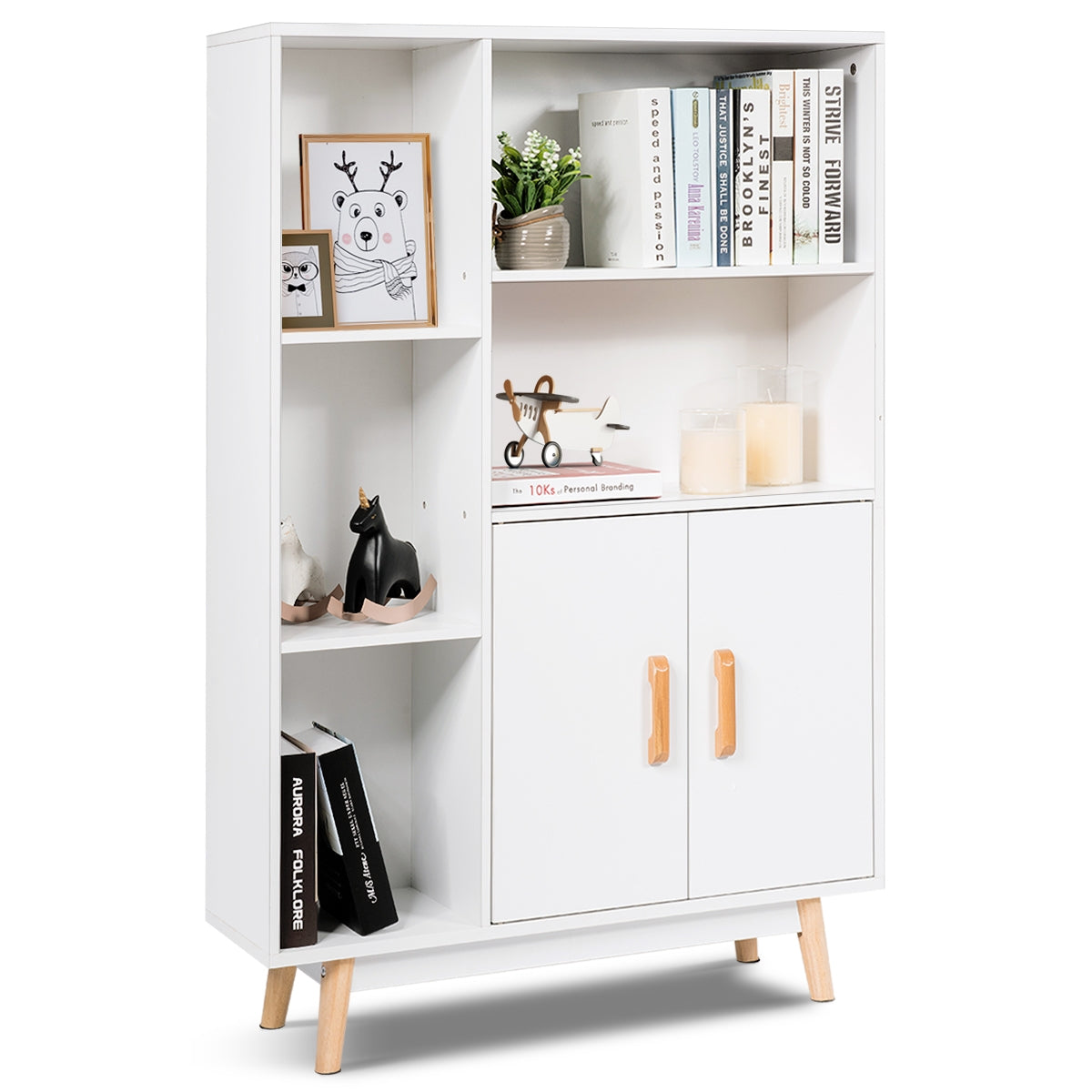 Armadietto, Libreria con ante, Scaffale legno, con due ante, Espositore moderno con cubi per casa ufficio, Bianco, Costway, 1