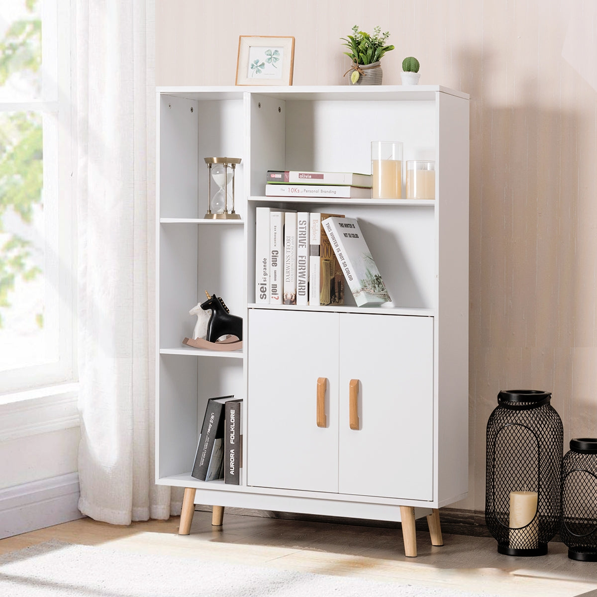 Armadietto, Libreria con ante, Scaffale legno, con due ante, Espositore moderno con cubi per casa ufficio, Bianco, Costway, 2