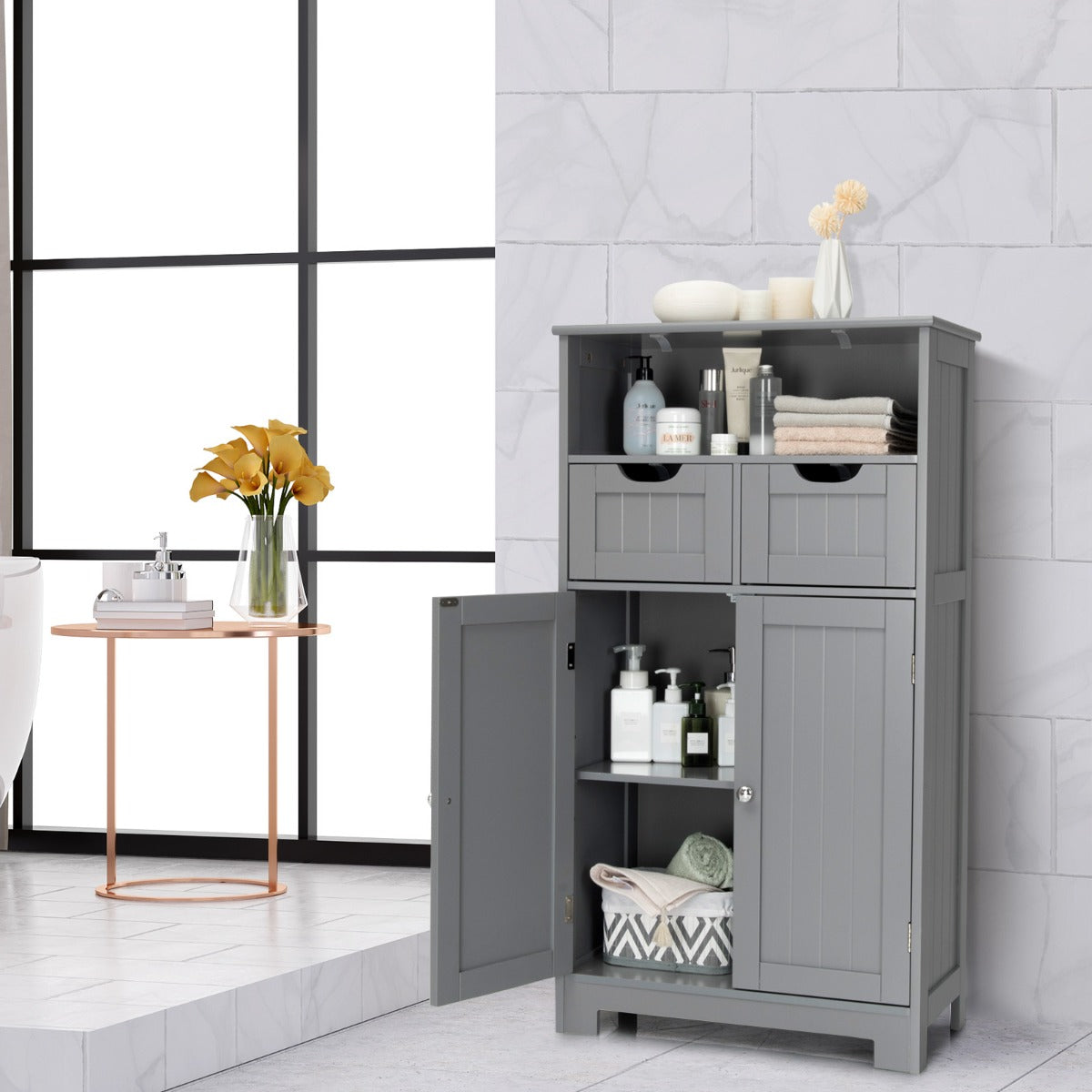 Armadietto bagno, Mobiletto bagno salvaspazio, Armadio bagno, con 2 ante e 2 cassetti, Grigio, Costway, 4