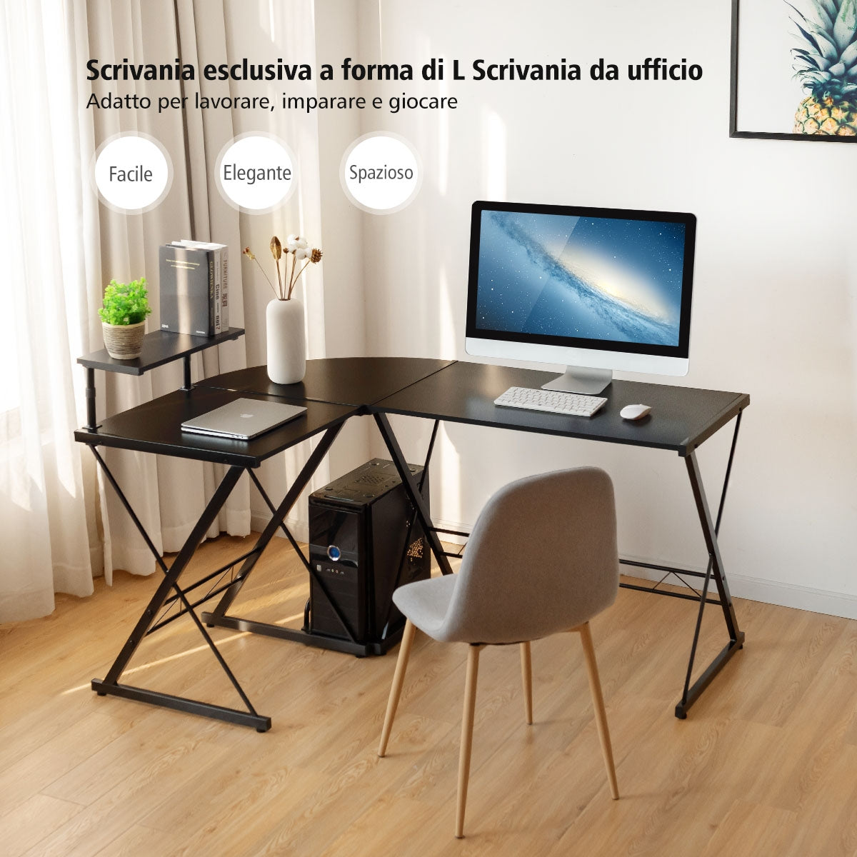 Scrivania ad Angolo ad L, Scrivania Angolare, Scrivania per Computer con Supporto CPU, Scrivania da Ufficio, Costway, 5