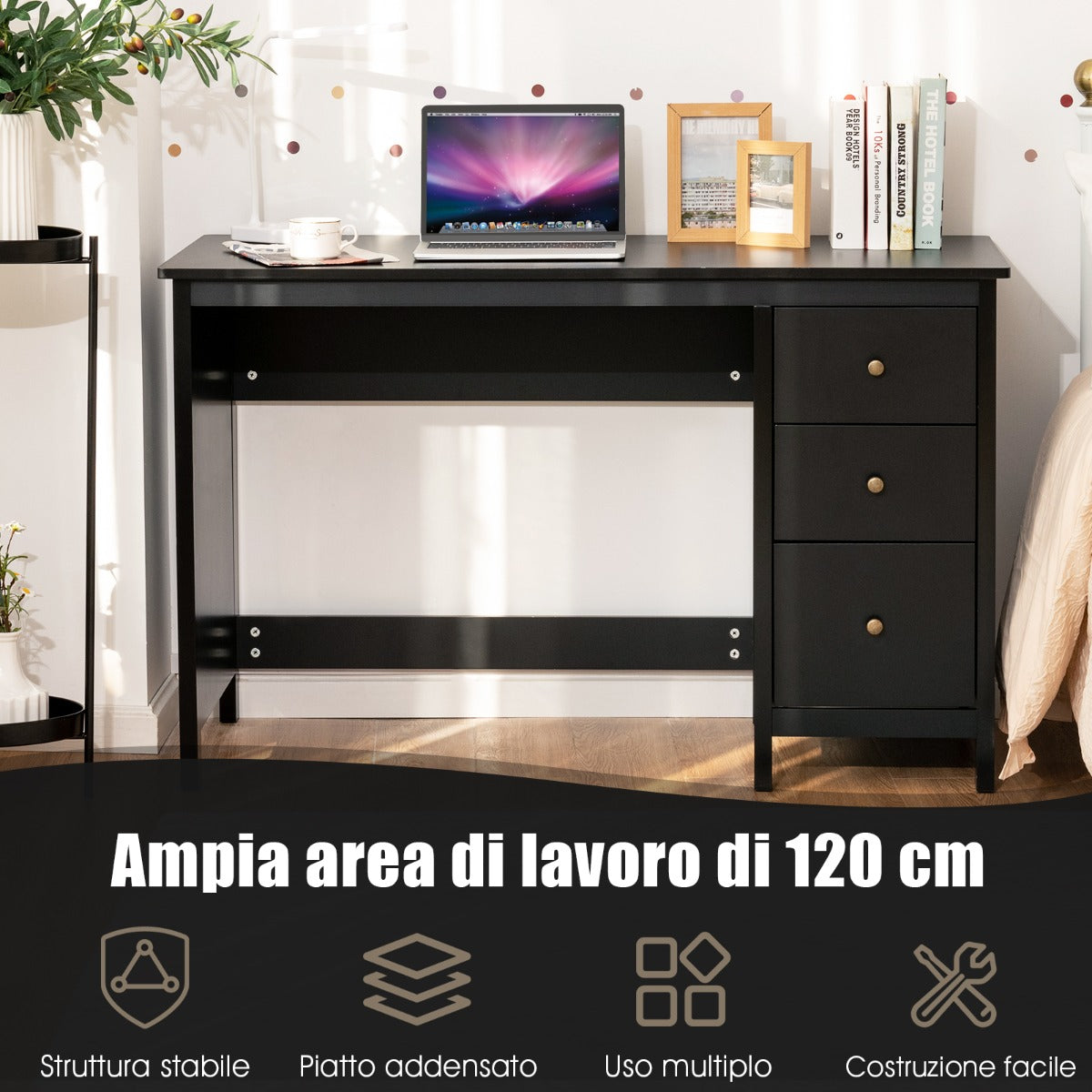 Scrivania Moderna, Scrivania per Ufficio, Tavolo Rettangolare, Scrivania per Computer con 3 Cassetti, Nero, Costway, 5