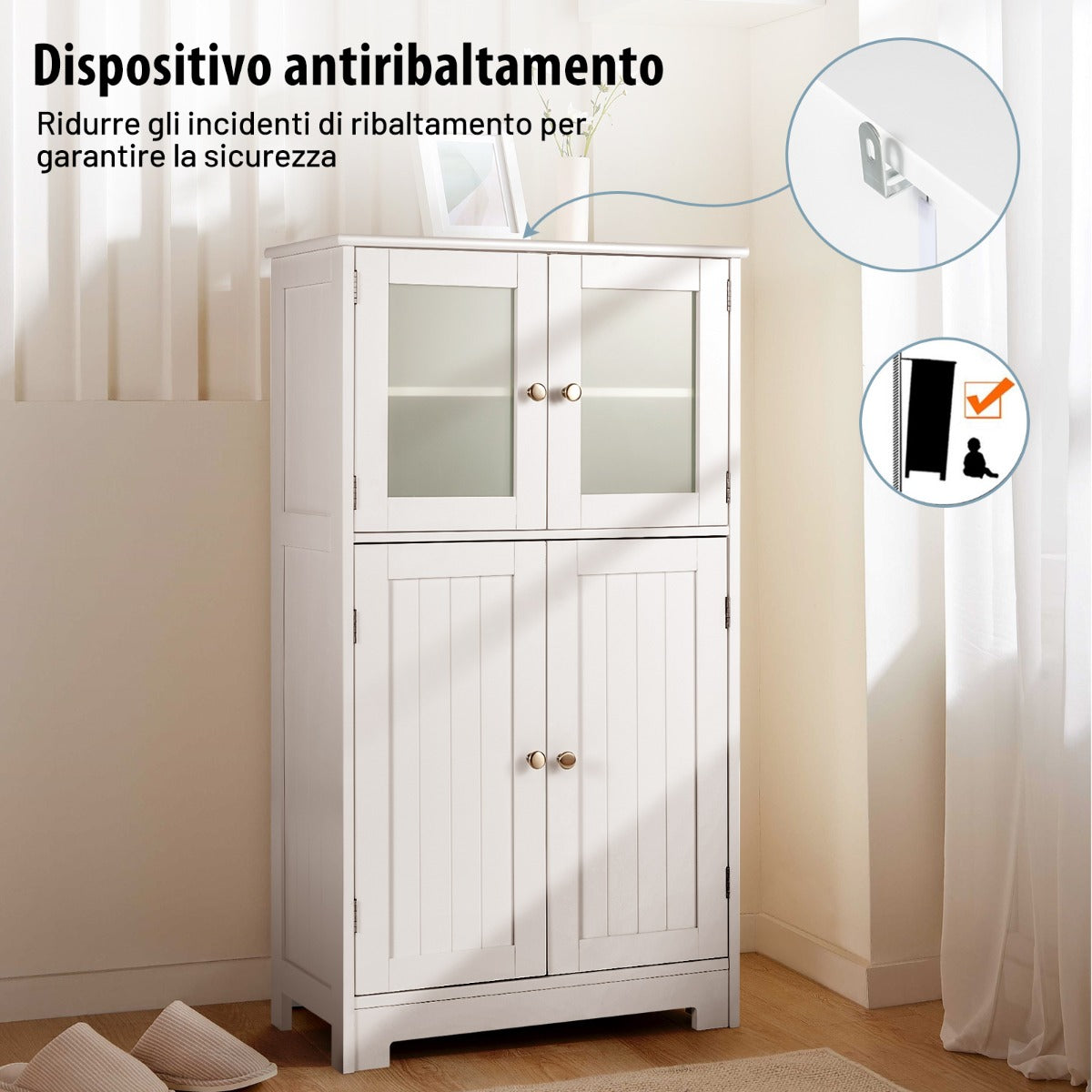 Mobiletto bagno salvaspazio, Armadietto bagno, Armadio bagno, con ante di vetro e mensole regolabili, Bianco, Costway, 5