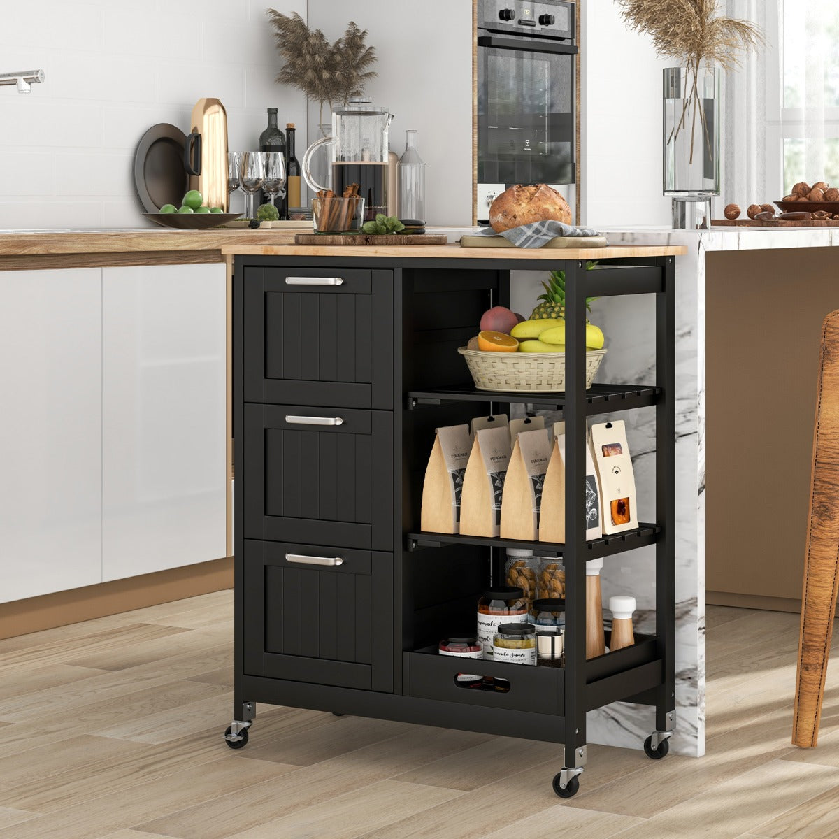 Carrello cucina, Isola cucina, con ruote bloccabili piano in legno di gomma e 2 ripiani rimovibili, Nero, Costway, 2