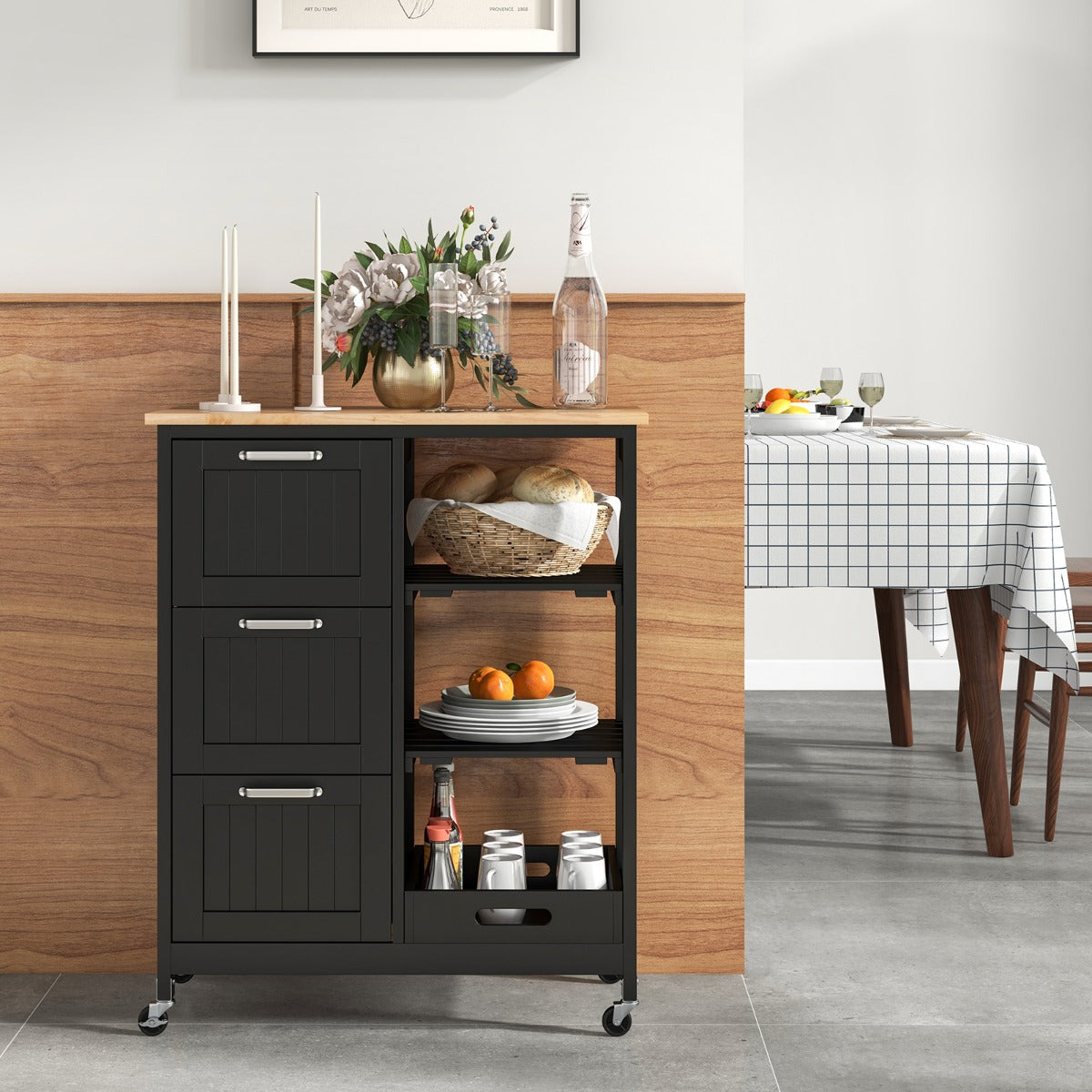 Carrello cucina, Isola cucina, con ruote bloccabili piano in legno di gomma e 2 ripiani rimovibili, Nero, Costway, 3