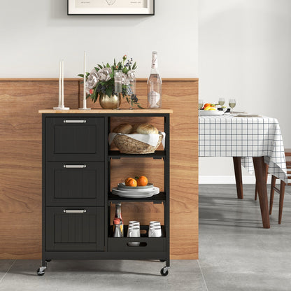 Carrello cucina, Isola cucina, con ruote bloccabili piano in legno di gomma e 2 ripiani rimovibili, Nero, Costway, 3