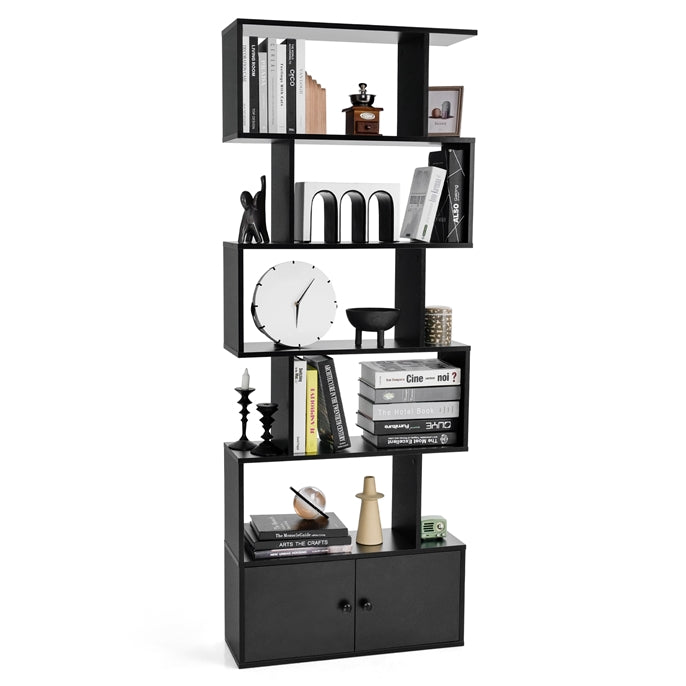 Libreria, Libreria con ante, Scaffali, forma di S a 5 livelli con ante, Libreria moderna, in legno, Nero, Costway, 1