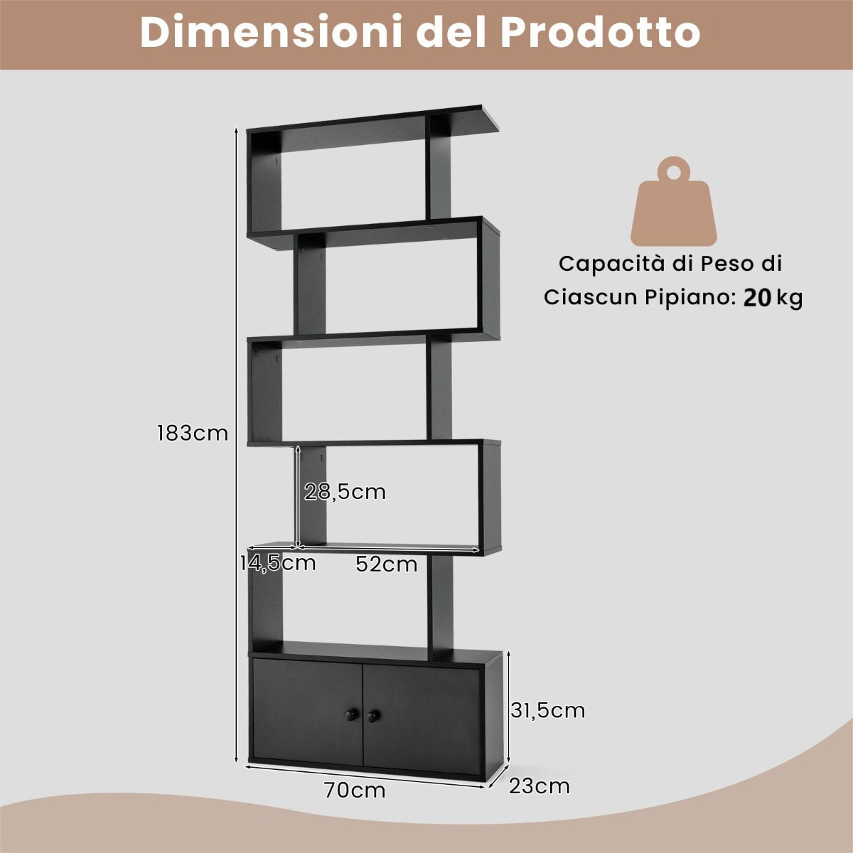 Libreria, Libreria con ante, Scaffali, forma di S a 5 livelli con ante, Libreria moderna, in legno, Nero, Costway, 2