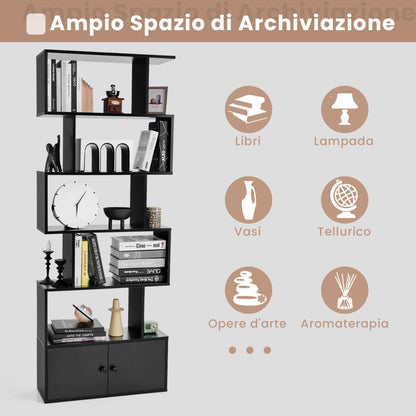 Libreria, Libreria con ante, Scaffali, forma di S a 5 livelli con ante, Libreria moderna, in legno, Nero, Costway, 3