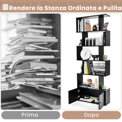 Libreria, Libreria con ante, Scaffali, forma di S a 5 livelli con ante, Libreria moderna, in legno, Nero, Costway, 4