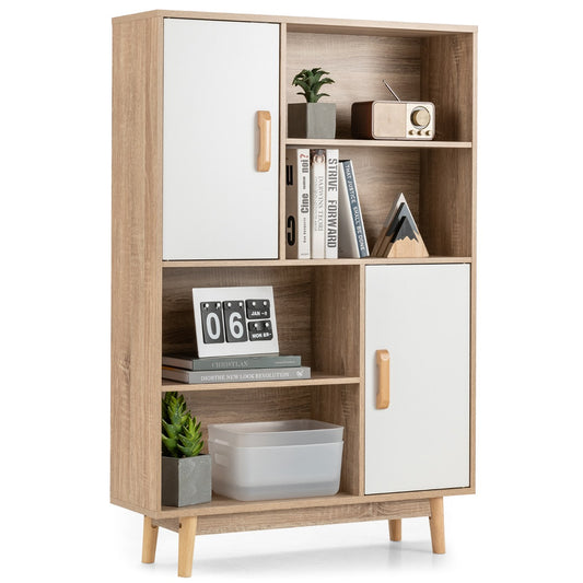 Armadietto, Libreria, Libreria con ante, Libreria moderna, con 4 livelli e 4 mensole aperte, Beige Bianco, Costway, 1