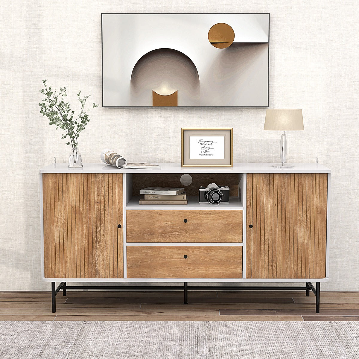 Credenza soggiorno, Buffet, Mobile porta TV, con ante scorrevoli 2 cassetti foro per cavi, Bianco, Costway, 3