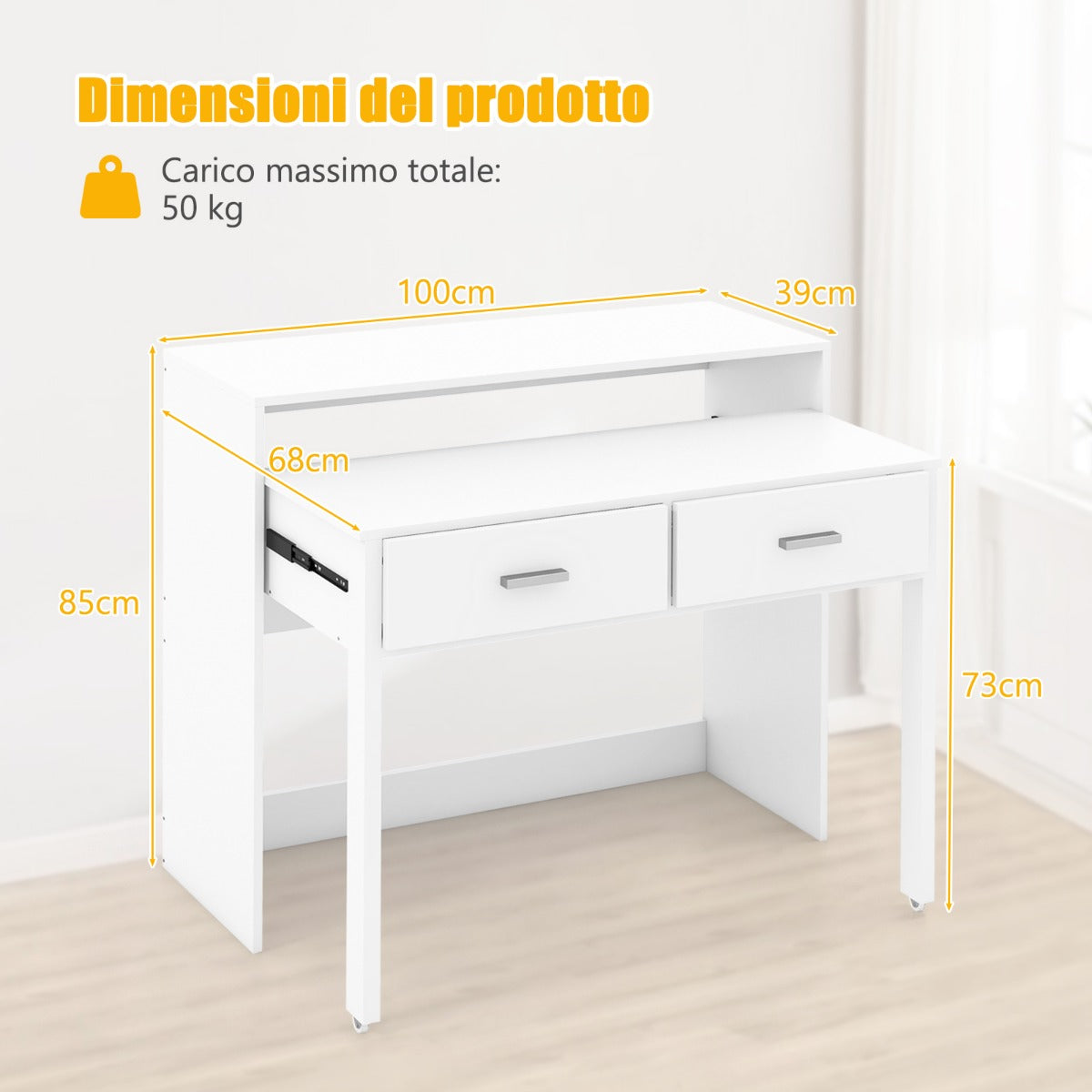 Scrivania per Ufficio con 2 cassetti, Scrivania per Computer con mensola per monitor e ruote, Bianco, Costway, 3