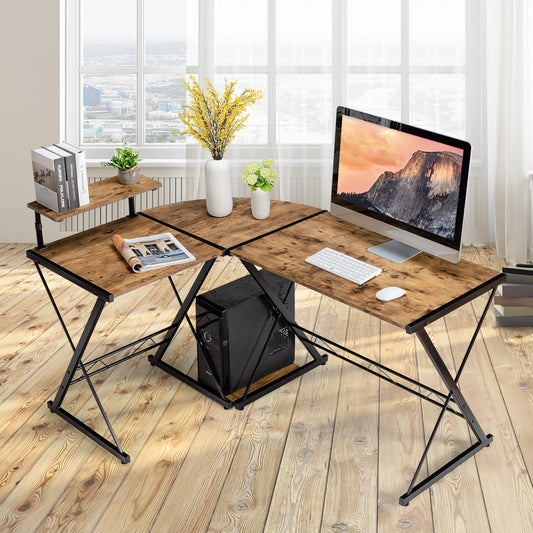Scrivania ad angolo a L, Scrivania Angolare, Scrivania per computer da 147cm, Scrivania da Ufficio, Marrone, Costway