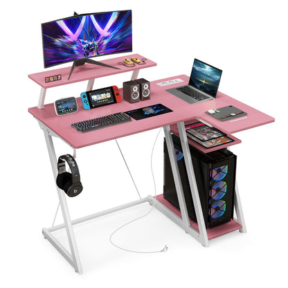 Scrivania da gioco con prese e porte USB, Scrivania per Computer piccola con ripiano per monitor gancio, Rosa, Costway, 4