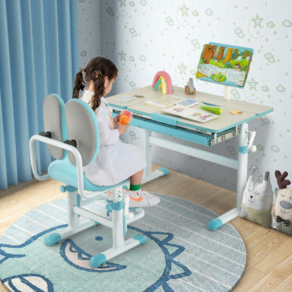 Scrivania bambini, Scrivania bambini elementari, regolabile in altezza con piano inclinabile cassetto e righello, Azzurro, Costway, 3