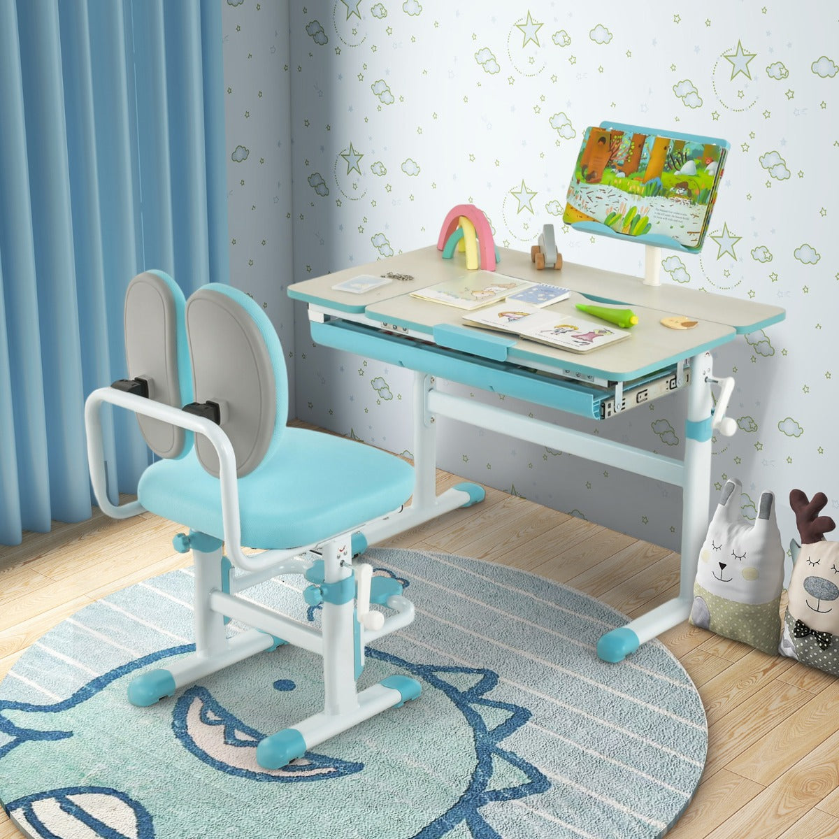 Scrivania bambini, Scrivania bambini elementari, regolabile in altezza con piano inclinabile cassetto e righello, Azzurro, Costway, 4