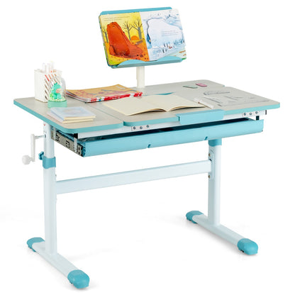 Scrivania bambini, Scrivania bambini elementari, regolabile in altezza con piano inclinabile cassetto e righello, Azzurro, Costway, 5