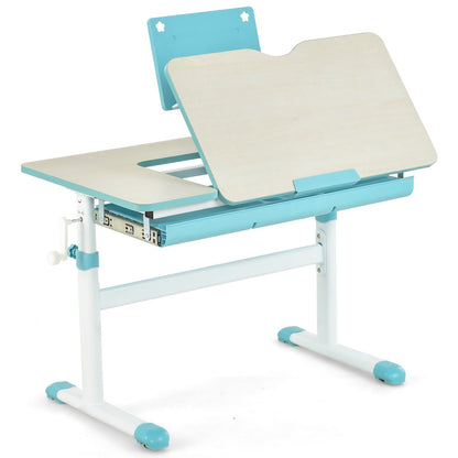 Scrivania bambini, Scrivania bambini elementari, regolabile in altezza con piano inclinabile cassetto e righello, Azzurro, Costway, 1