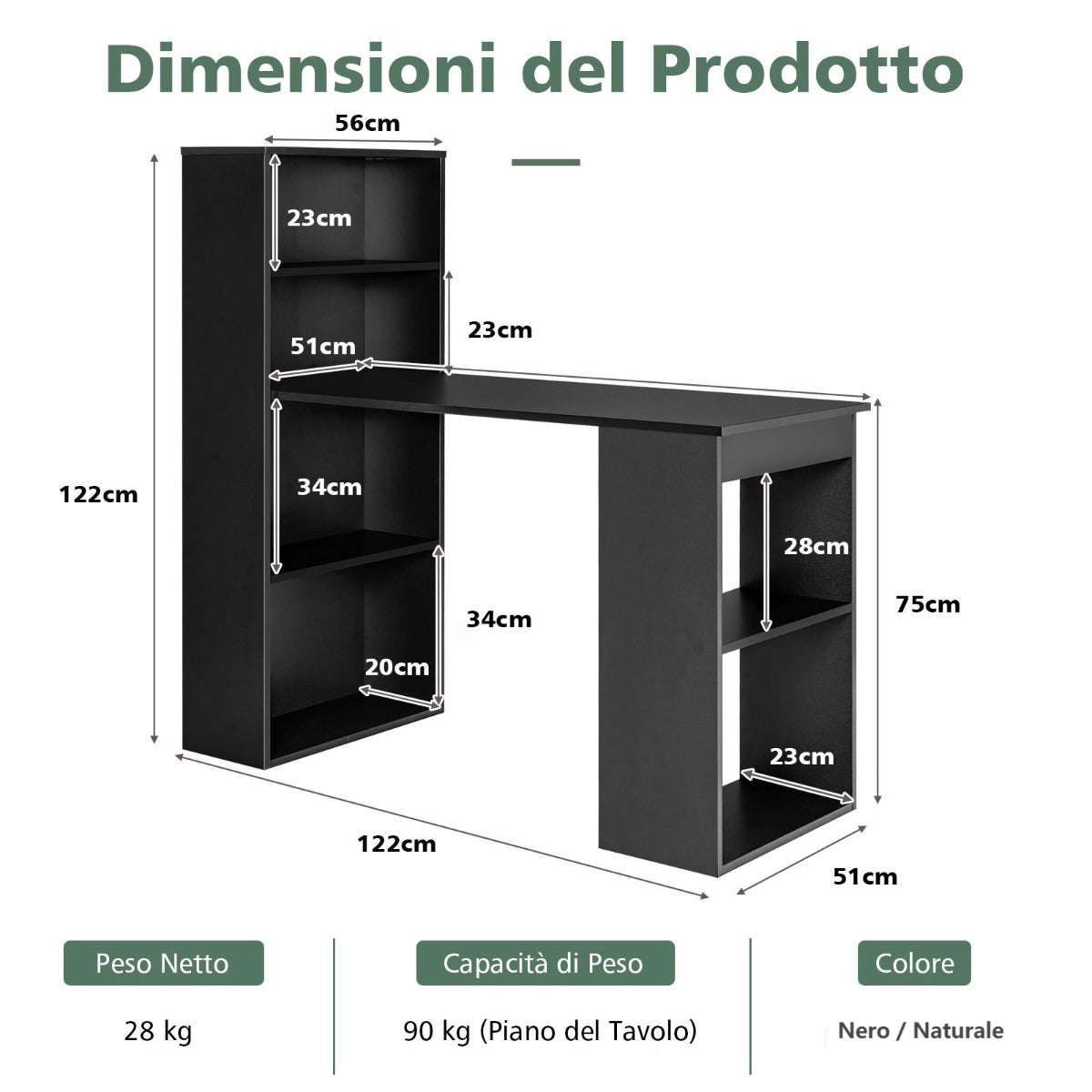 Tavolo Pieghevole, Scrivania Moderna, Scrivania da Ufficio, Scrivania per Computer, Scrivania per PC, Nero, Costway, 4