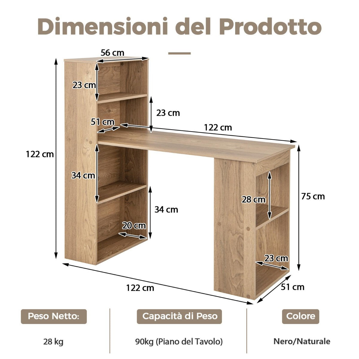 Tavolo Pieghevole, Scrivania Moderna, Scrivania da Ufficio, Scrivania per Computer, Scrivania per PC, Naturale, Costway, 4