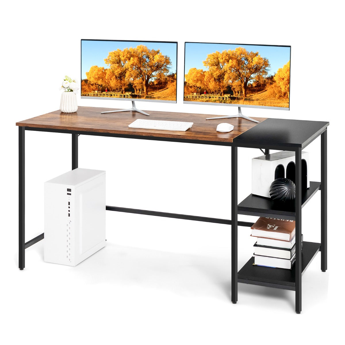 Scrivania Moderna, Scrivania per Ufficio, Tavolo Rettangolare, Scrivania per Computer da 140 cm, Marrone, Costway, 5