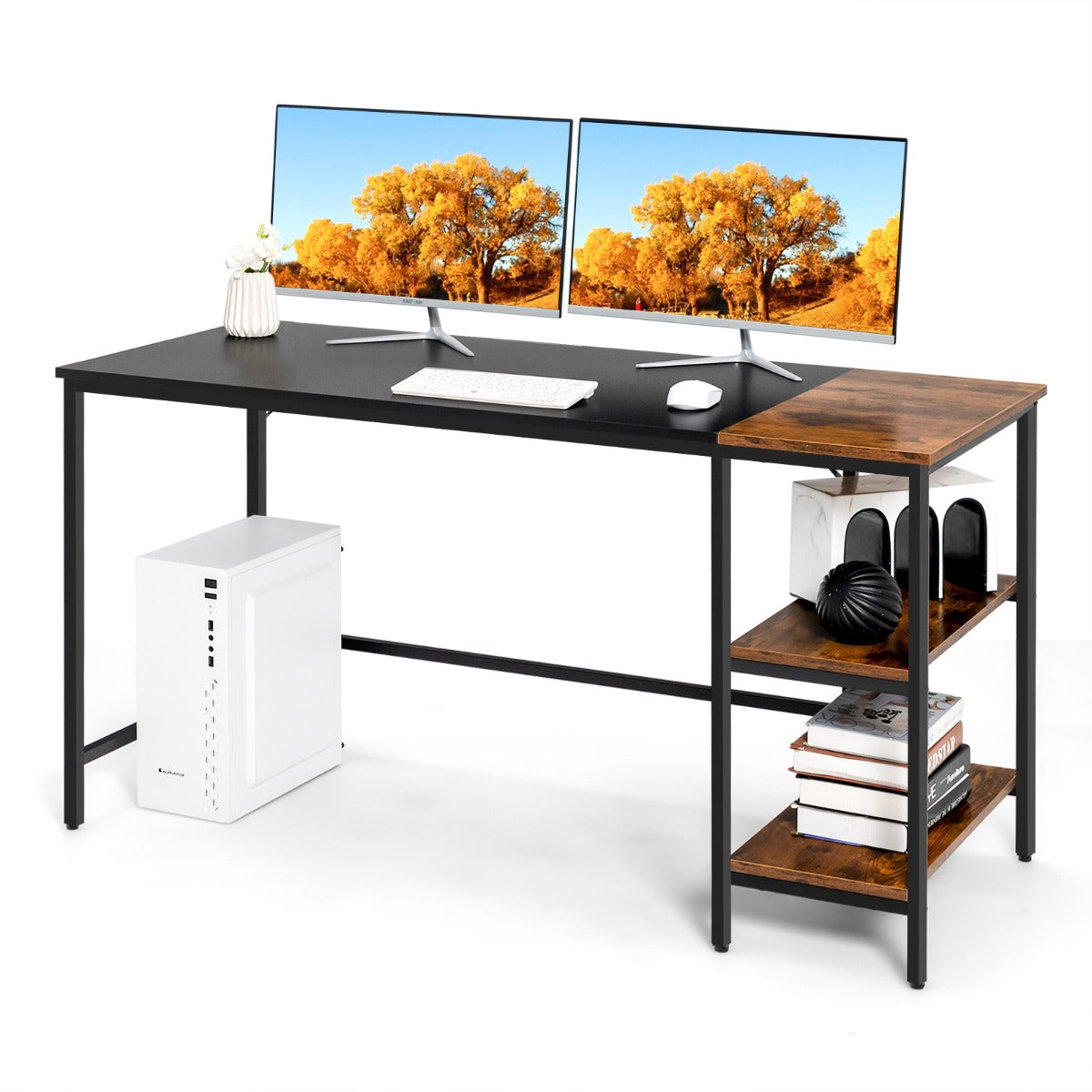 Scrivania Moderna, Scrivania per Ufficio, Tavolo Rettangolare, Scrivania per Computer da 140 cm, Nero, Costway, 5