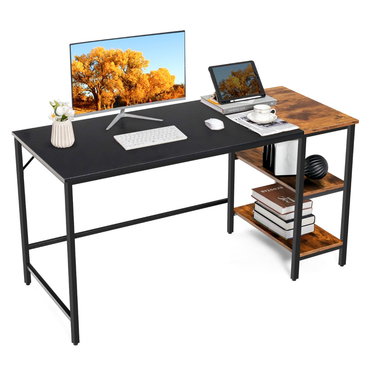 Scrivania Moderna, Scrivania per Ufficio, Tavolo Rettangolare, Scrivania per Computer da 140 cm, Nero, Costway, 1