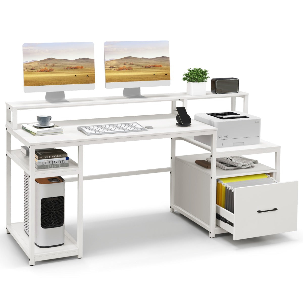 Scrivania per Computer da 168cm, Postazione di lavoro per ufficio con supporto per monitor, Bianco, Costway, 5