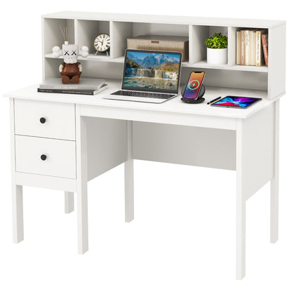 Scrivania per Computer con prese elettriche, Scrivania da 120cm con 5 vani e 2 cassetti porte USB, Bianco, Costway, 5